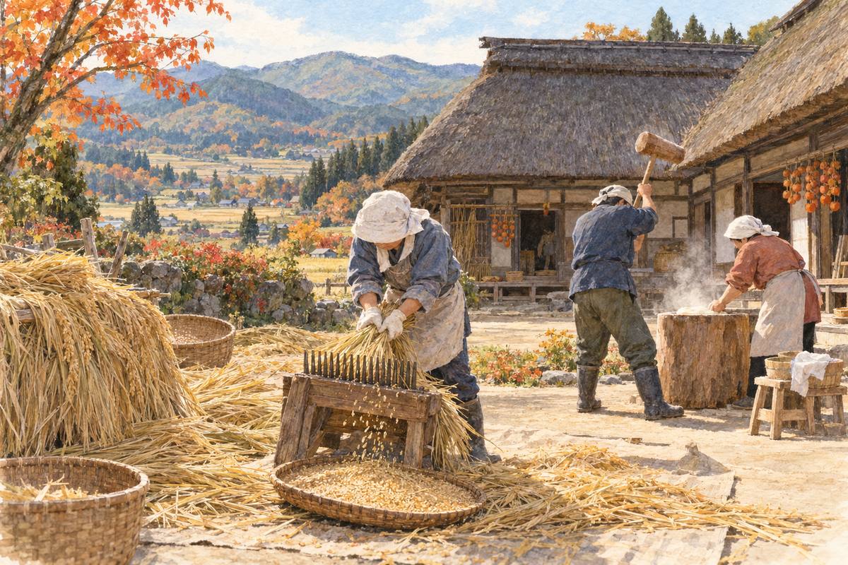 遠野の秋じまい「庭仕舞」で、稲の脱穀と餅つきをする（イメージ）