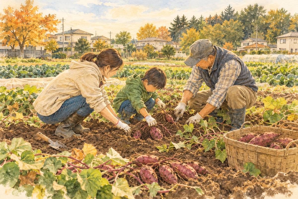 立川の農家の畑で、親子でさつまいもを掘る(イメージ)