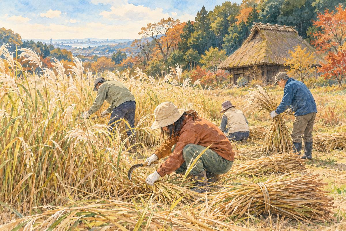 川崎・岡上の里山で、茅刈りと散策路の補修(イメージ)