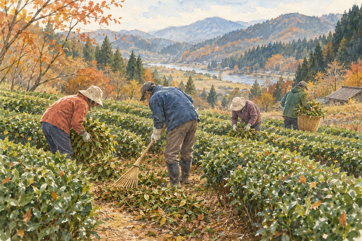 三次の茶畑で、来年の収穫に向けて茶の木を整える（イメージ）