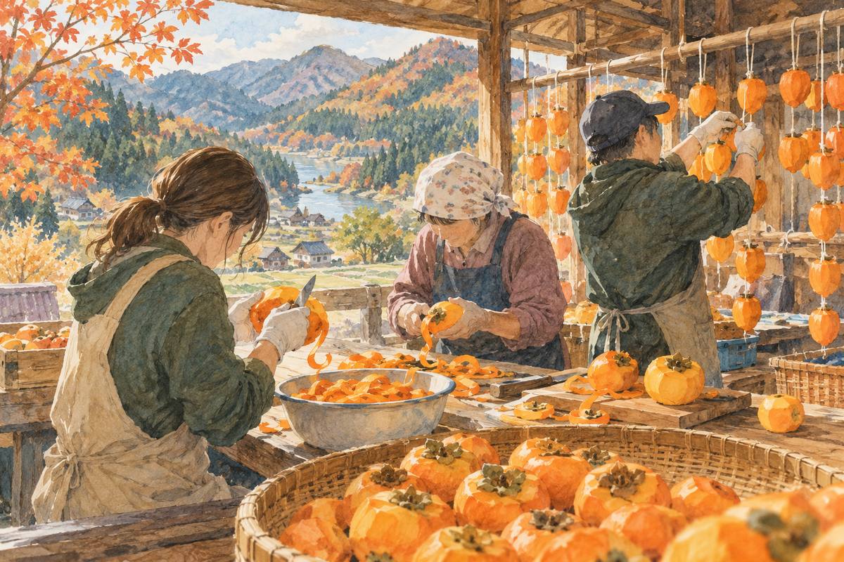 安芸太田の特産・祇園坊柿で、地元の人と干し柿をつくる（イメージ）