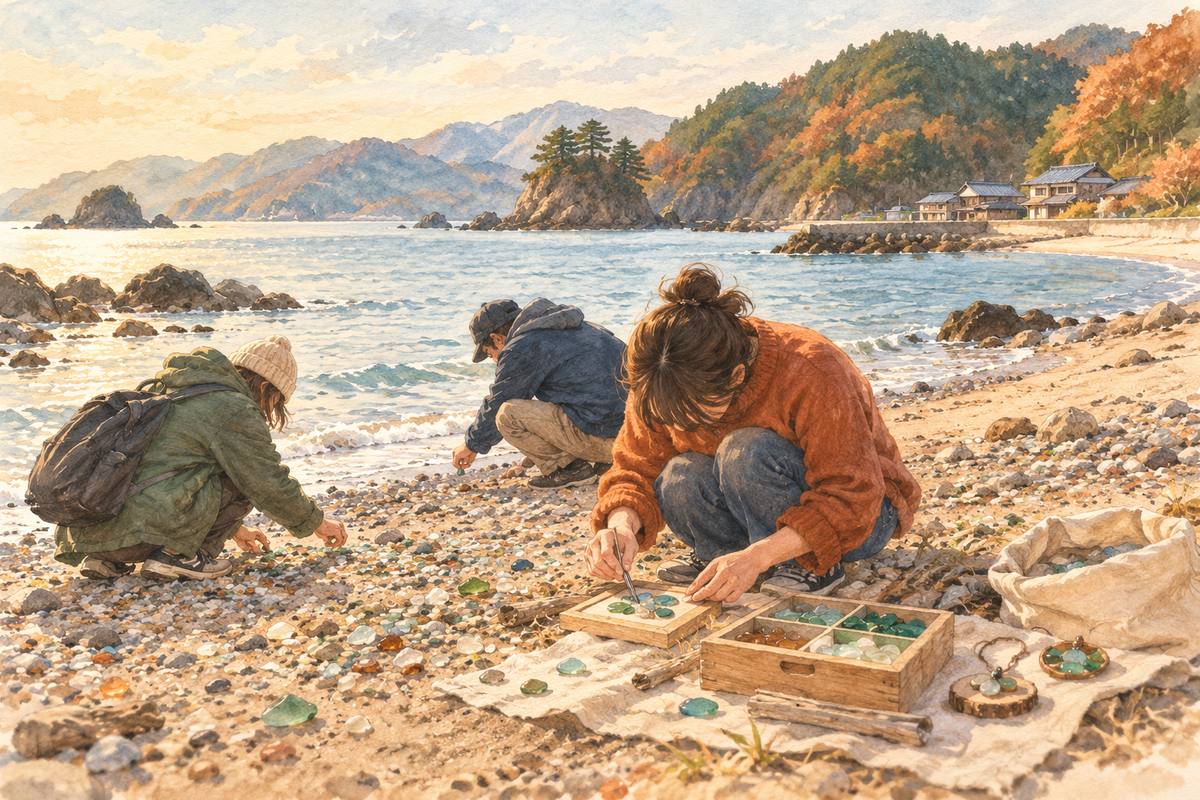 若狭・美浜の浜でシーグラスを拾い、作品をつくる（イメージ）