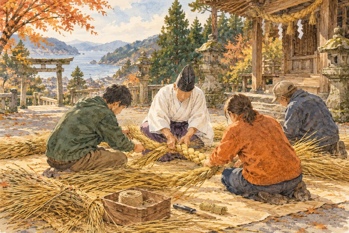 美浜・彌美神社で、地元の稲わらからしめ縄をなう（イメージ）