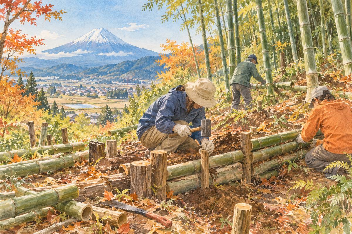 富士山麓の里山で、竹を伐り、土留めをつくる（イメージ）