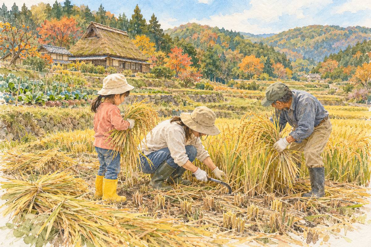 神戸・あいな里山で、鎌を使った稲刈りと野菜の収穫（イメージ）