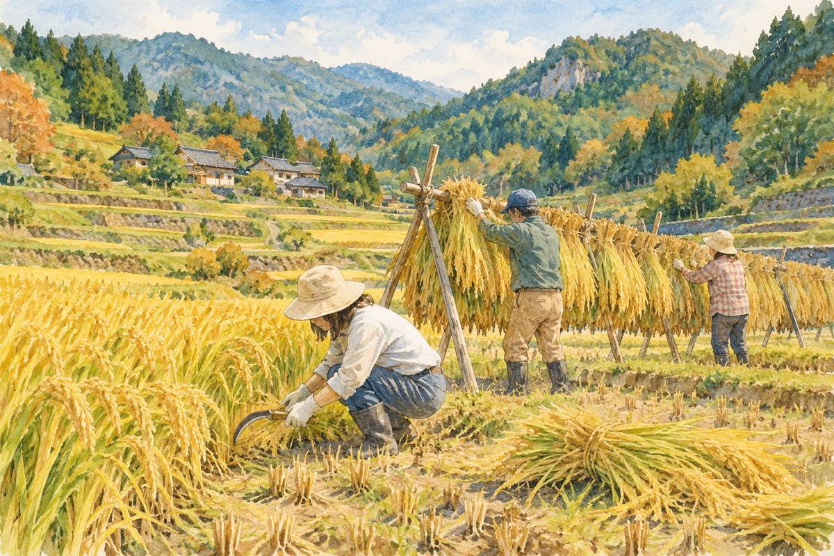 大分・田染荘の田んぼで、集落の人と手刈りの稲刈り（イメージ）
