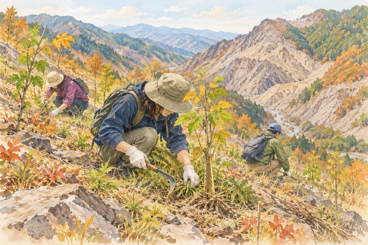足尾の山に緑を戻す、10月の植栽地の除草（イメージ）