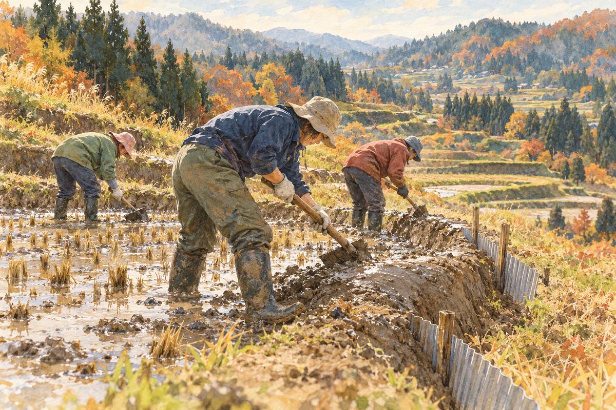 十日町・蒲生の棚田で、来年に向けて畔を塗る（イメージ）