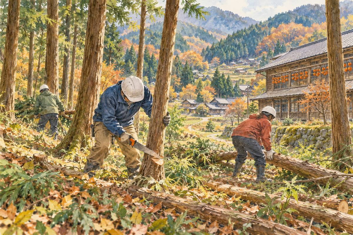 揖斐川町・谷汲の森で間伐し、猟師に山の話を聞く1泊2日（イメージ）