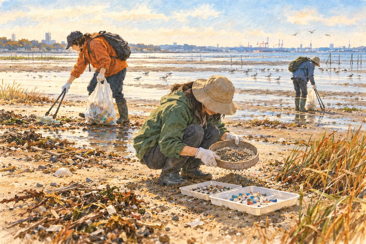 船橋・三番瀬の砂浜で、ごみを拾い海のプラスチックを調べる(イメージ)