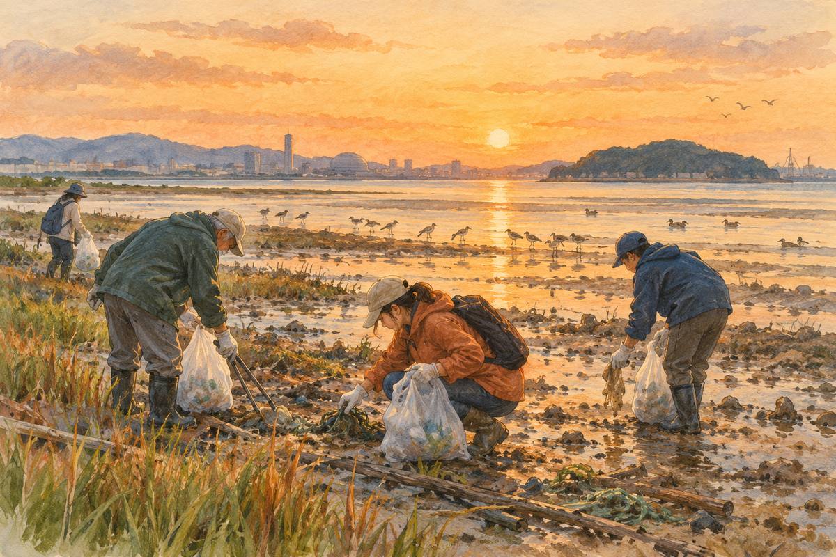福岡・和白干潟で、干潟を守る地元の会と清掃する（イメージ）