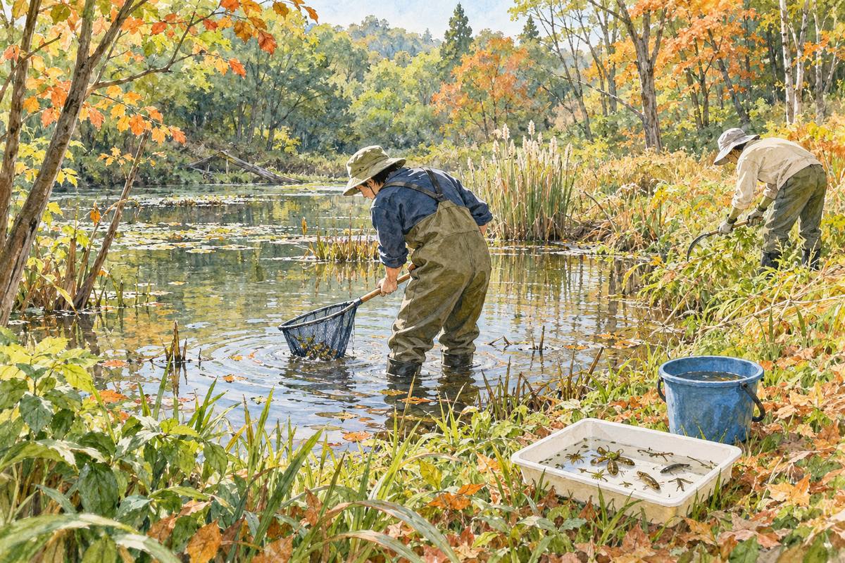 東大和・狭山丘陵で、保全班と水辺と草地を手入れする(イメージ)
