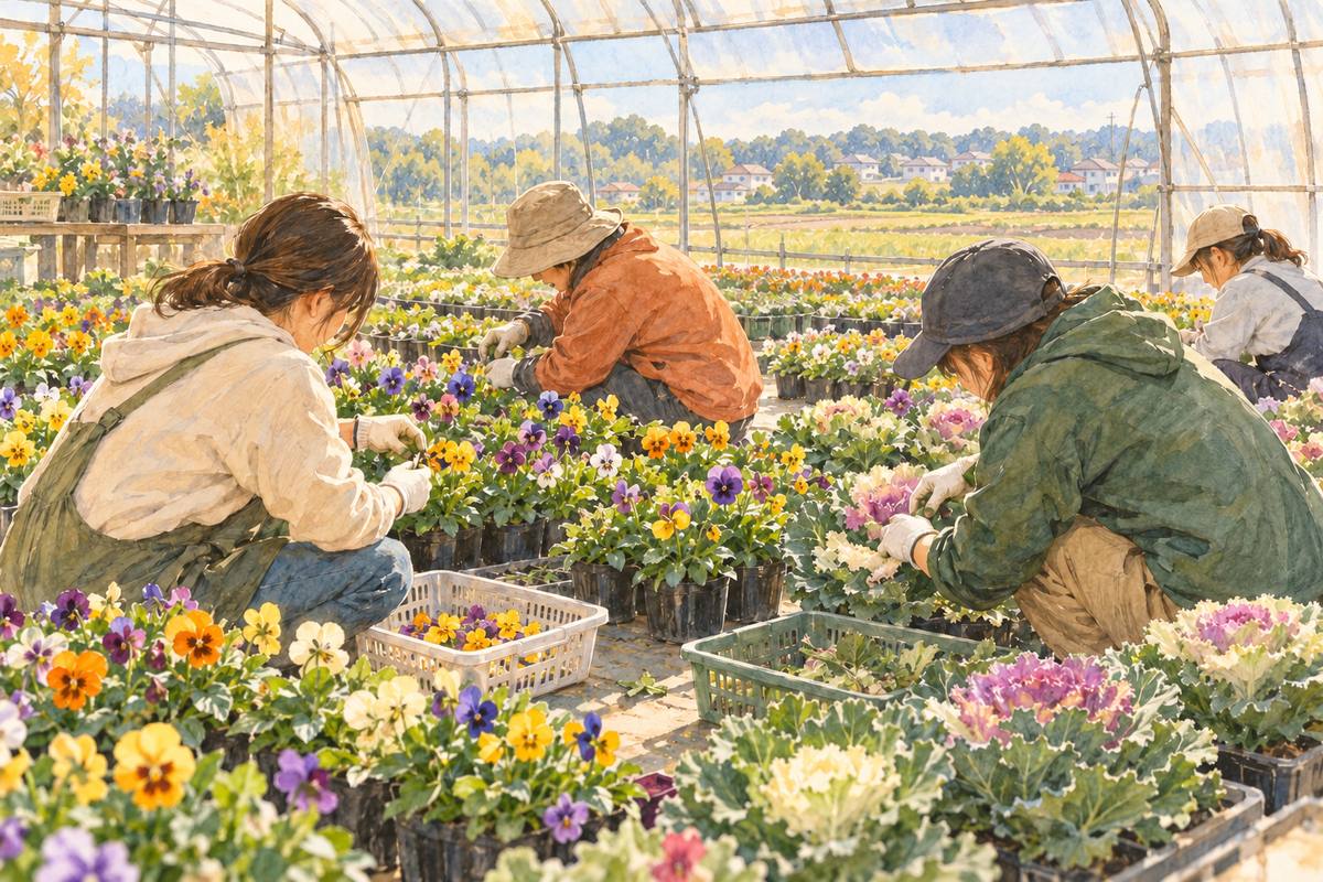 藤沢の花苗農家で、花摘みと葉ボタンの手入れをする（イメージ）