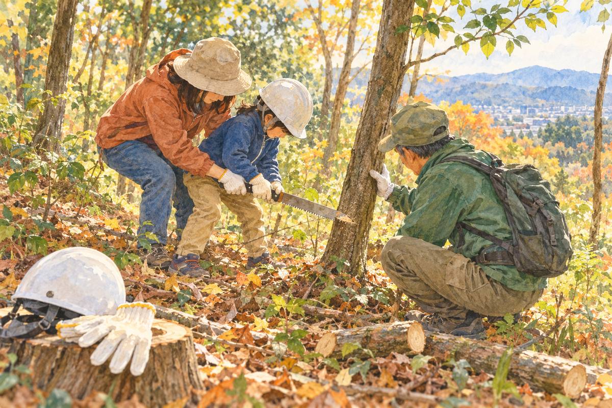八王子・宇津木の森で、親子でノコギリを使って木を伐る（イメージ）