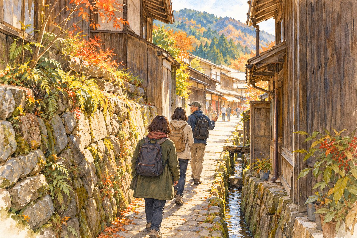 飛騨金山宿の「筋骨」の路地を、街道沿いに暮らすガイドと歩く（イメージ）