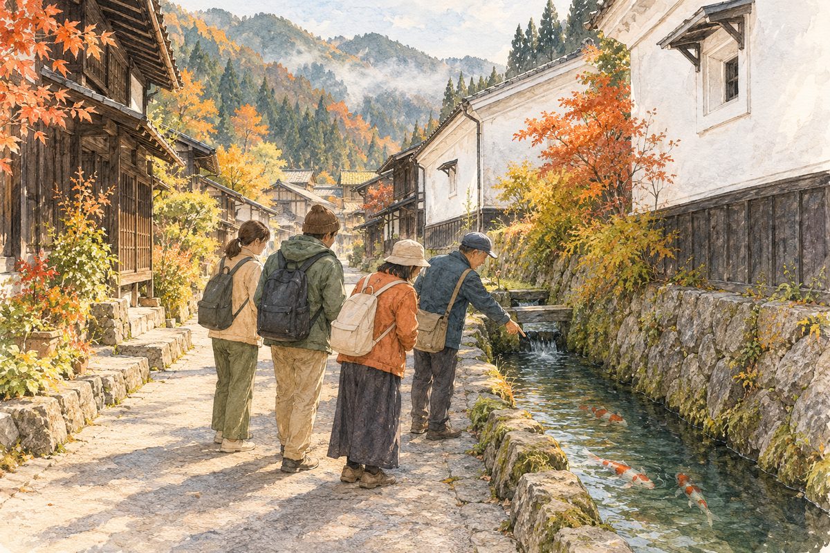 飛騨古川の町並みを、里山ツアーのガイドと貸切で歩く（イメージ）