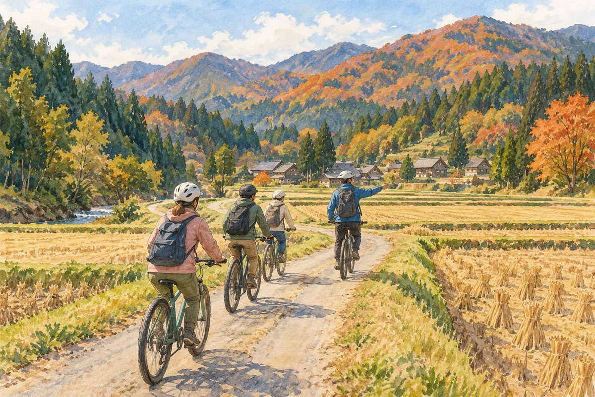 飛騨古川の田んぼと集落を、里山ガイドと自転車で巡る（イメージ）