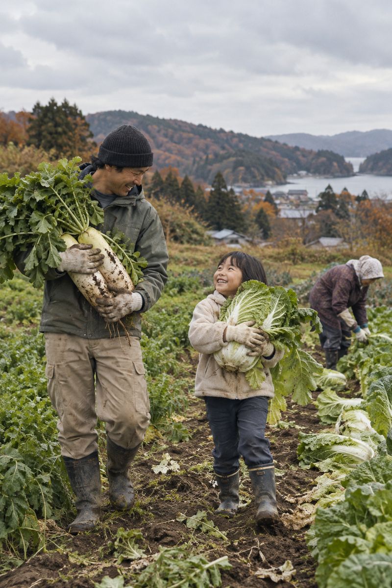 収穫した大根と白菜を抱えて笑う親子(イメージ)